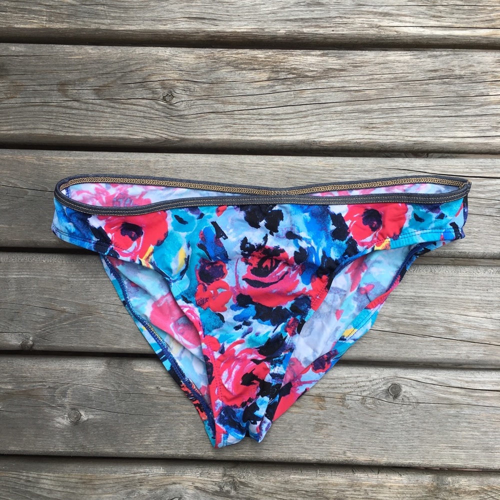Kenneth Cole Reaction Floral Bikini Bottoms Denim Trim Waist Blue Pink Red Swim